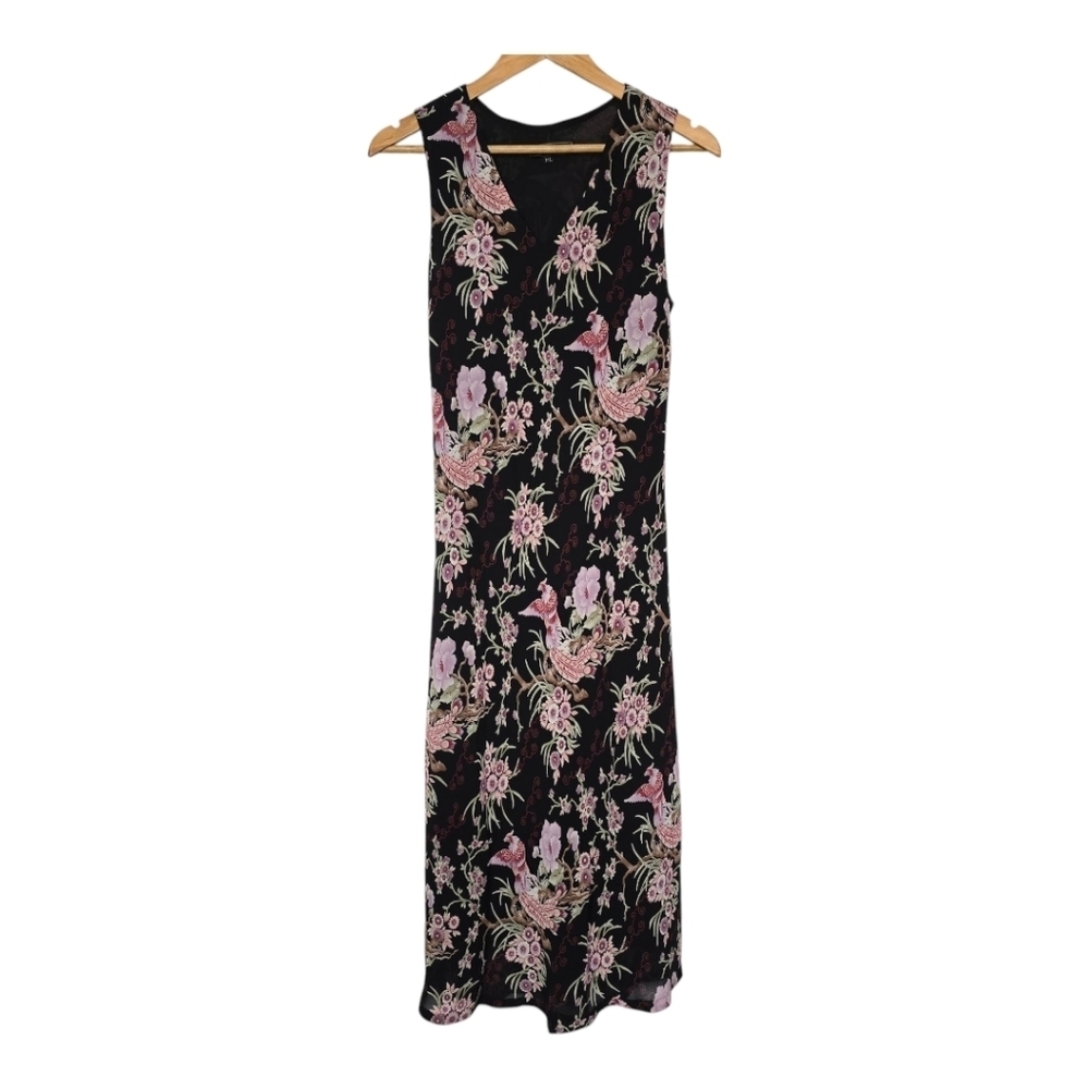 Vintage Lily Oriental Floral Phoenix Dress P/L Black Pink Mesh Overlay Y2K Midi - Picture 4 of 10